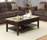 Dark Cherry Finish Wooden Lift Top Cocktail Table with Storage Shelf Faux Marble Top 1pc B011P175754