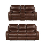 ZUN Achern Brown Leather-Air Nailhead Manual Reclining Sofa and Loveseat with Storage Console and USB T2574P198807
