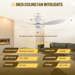 ZUN 52 Inch Ceiling Fans with Lights, 6 Speed Reversible Noiseless Fan Light DC Motor, Indoor and 65658511