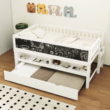 Twin Size Wood Low Loft Bed with Storage Shelves, Blackboard and Trundle, White N709P256926K