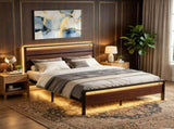 King Size Metal Wood Platform Bed Frame, 3-Panel Reddish Brown Wood Grain Headboard with LED Light & 00231457