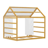 Wooden Twin Size House Bed with Fence and Roof, Kids Floor Bed with Two Movable Wardrobes, Natural N733P240134M