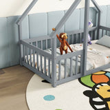 Twin Wood House-Shaped Floor Bed with Fence, Guardrails ,Grey W504P143289