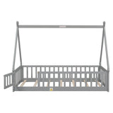 Twin Tent-shaped Floor Bed, with Guardrails, Slats, Door ,Grey W504119500