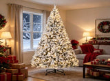 9 Foot Flocked Fir Christmas Tree Pre Lit Hinged Xmas Tree with LEDs Foldable Metal Base 72273480