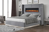 Upholstery Wooden King Bed with Ambient lighting in Gray Velvet Finish B00977486