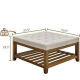 ZUN Upholstered Coffee Table Tufted Linen Large Square Ottoman with Beech Wood Shelf and Frame, W2353P183805