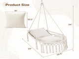 Beige Boho Macrame Hanging Swing Chair with 2 Padded Cushions, 330LBS Capacity Hammock Chair for 25444551