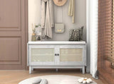 TREXM Boho Rattan Entryway Bench with Storage, Cushioned Shoe Bench with Double Doors, Wooden Shoe N715P308012E