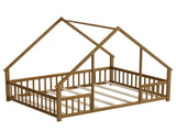 Queen Size Montessori Kids Floor Bed Frame, Playhouse Bed with Triangle Roof Frame, FullSurround 20896867