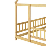 Full Size House Floor Wooden Bed with Roof Frame, Safety Guardrails,Natural W504P286409