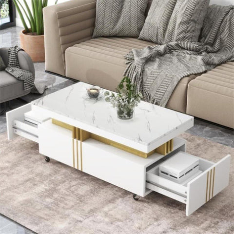 ZUN ON-TREND Contemporary Coffee Table with Faux Marble Top, Rectangle Cocktail Table with Caster WF305961AAK