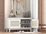 TREXM Boho Rattan Entryway Bench with Storage, Cushioned Shoe Bench with Double Doors, Wooden Shoe N715P308012K