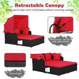 Red Rattan Daybed Lounge W/ Retractable Top Canopy Side Tables Cushions 56967008