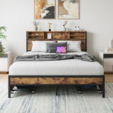 Queen Size Bed Frame with 4 Storage Drawers, Metal Platform Bed with Wooden Headboard and Charging W840134067