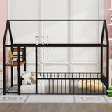 Full Size Metal Bed House Bed Frame with Desk, Shelves, Power Outlets and USB Ports, Black N737P173491B