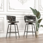 ZUN 28" Technical Leather Woven Bar Stool Set of 2,Black legs Barstools No Adjustable Kitchen Island 40400662