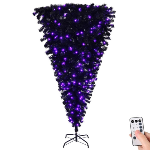 ZUN 6 FT Pre-lit Upside Down Artificial Christmas Tree, Black Halloween Tree with 250 Purple Lights and 38631116