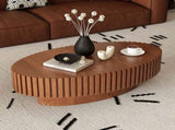 Oval Coffee Table Handcrafted Relief Sturdy Pedestal Wooden Olive-Shaped Tea Table for Living Room W3081P255090
