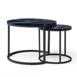 Set 2 Coffee Table Nesting Black top Black Frame Circular Round and Marble Pattern Wooden Tables, 62287079