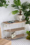 43.5x14x32" Three-Tiered White Wooden Shelving Unit with Ornate Iron Frame W2078P201140