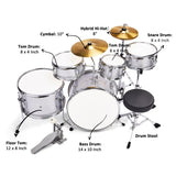 14"x10" 5-Pieces Junior Kids Drum Set Kit Pedal Drum Stick Wrench Drum Stool Silver 96527126