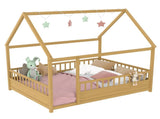 Full Size Floor Wooden Bed with House Roof Frame, Fence Guardrails W1858P310085