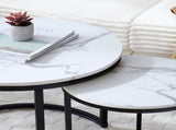 Set 2 Coffee Table Nesting White and gray top Black Frame Circular Round and Marble Pattern Wooden 68840643