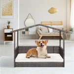 ZUN Dog House Outdoor with Canopy, Rattan Dog Bed with Water-resistant Cushion, 90952212