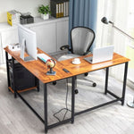 ZUN L-Shaped Desktop Computer Desk with Power Outlets & Shelf Tiger wood 19002762