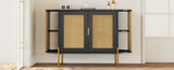TREXM 2-Door Elegant Curved Dining Cabinet with Gold Trim and Woven Rattan Doors for Dining Room N715P172740B