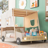 Wood Full Size Car Bed with Pillow, Ceiling Cloth and LED, Natural WF309289AAM