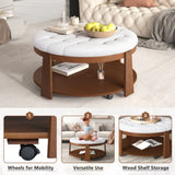 ZUN Modern Large Round Ottoman Coffee Table 2-Tier Oversized Button Tufted Ottoman with Wood Shelf N735P180224K