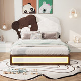 ZUN Full Size Upholstered Platform Bed with Bear Shaped Headboard, LED Light Strips, White + Brown 19640686