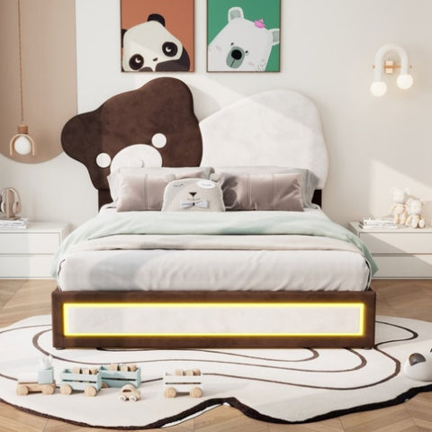 ZUN Full Size Upholstered Platform Bed with Bear Shaped Headboard, LED Light Strips, White + Brown WF323768AAK