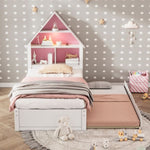 ZUN Twin Size House-Shaped Bed with Bookcase Headboard and Led Light and Twin Size Trundle for Kids Boys WF530847AAH