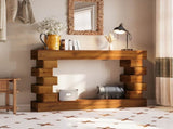 Geometric Block Stacked Wood Console Table with Warm Natural Finish W3123P369192