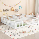 Double Twin Floor Bed with Fence, Guardrails, without door, White W504P143286