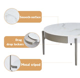 Modern Round White & reall wood color Coffee Table Drawers and metal legs,Drum Coffee Table W1911P269601