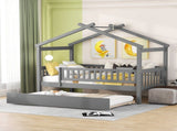 Twin Size Wooden House Bed with Twin Size Trundle, Gray 14298090