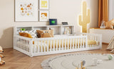 Wood Twin XL Size Floor Bed with Storage Cabinets and USB Ports, White N709P205811K