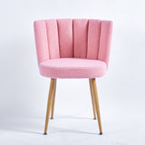 Modern pink dining chair with iron tube wood color legs, shorthair cushions and W23464147