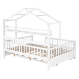 ZUN Wooden Full Size House Bed with Twin Size Trundle,Kids Bed with Shelf, White 90541067