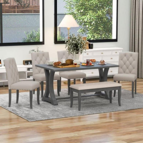 ZUN 6-Piece Farmhouse Table Set, Rectangular Trestle Table and 4 Upholstered Chairs & Bench for 82603456