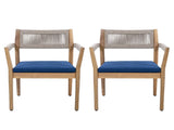 Braided Acacia Wood Outdoor Dining Chairs Set of 2 Teak Look with Beige Rope & Navy Cushions, N770P286668N