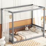 Twin Size Canopy Frame Floor Bed with Fence, Guardrails,Grey W504P143277