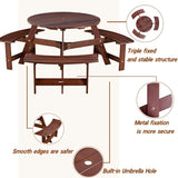 ZUN Outdoor 6 Person Picnic Table, 6 person Round Picnic Table with 3 Built-in Benches, Umbrella Hole, W2275P149763