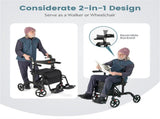2-in-1 Rollator Walker & Wheelchair 6-Level Adjustable Handles, 1-Hand Folding, Storage 51449217
