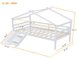 Twin Low Loft House Bed with Slide, Ladder, Safety Guardrails, House Roof Frame,White W504P145316