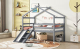 ZUN Twin Low Loft House Bed with Slide, Ladder, Safety Guardrails, House Roof Frame,Grey 74742872